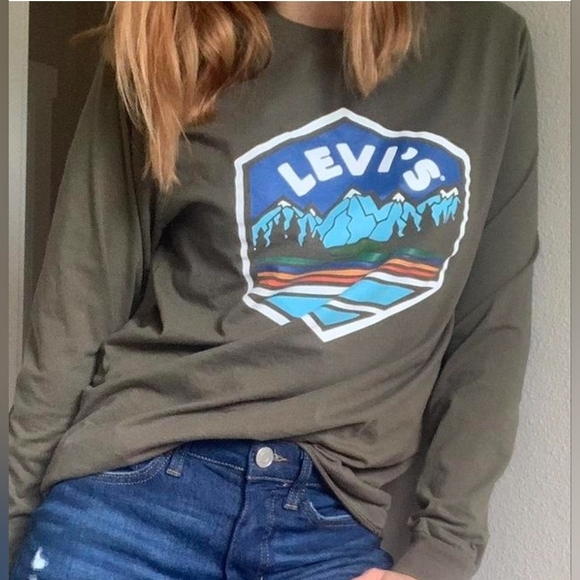 Levi's Mountains Graphic Long Sleeve Green 100% Cotton Shirt, M - Picture 1 of 7